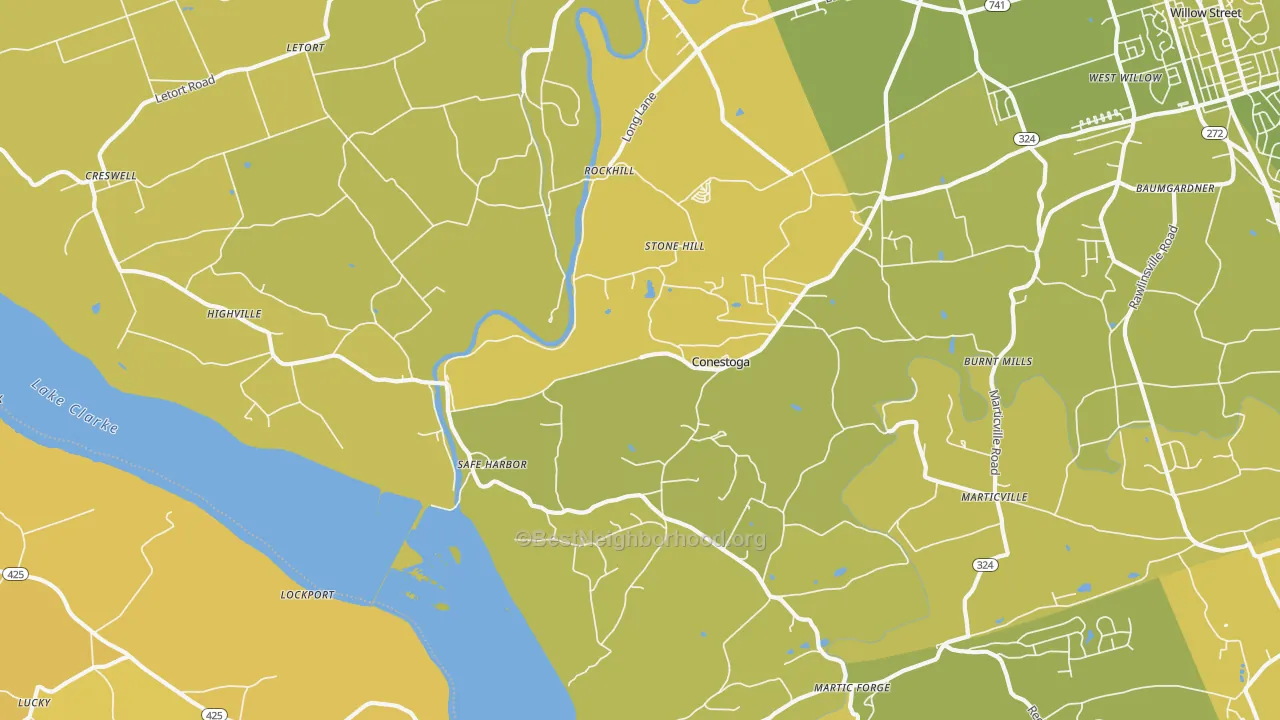 Map of the best neighborhoods in the 17516 area, with better matches in green and worse matches in red