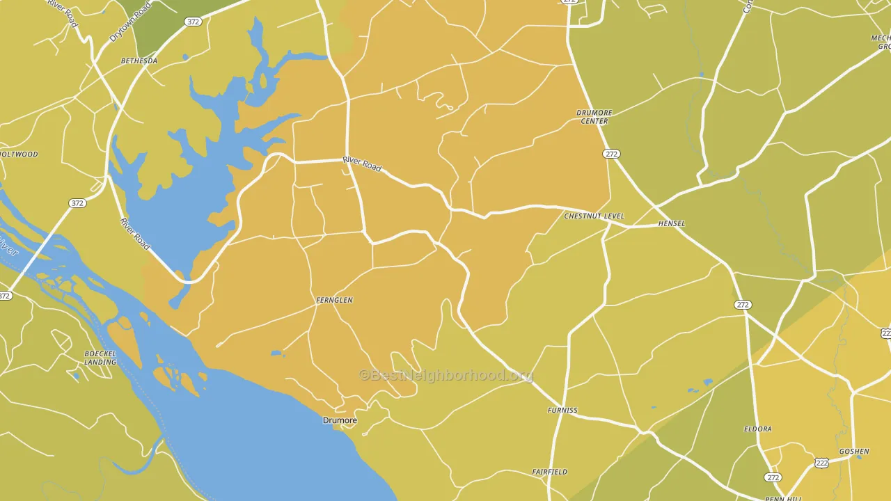 Map of the best neighborhoods in the 17518 area, with better matches in green and worse matches in red