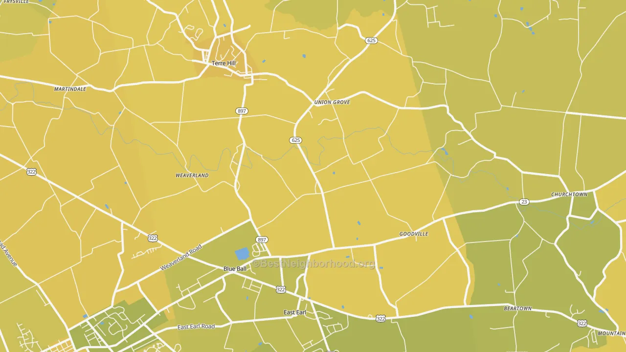 Map of the best neighborhoods in the 17519 area, with better matches in green and worse matches in red