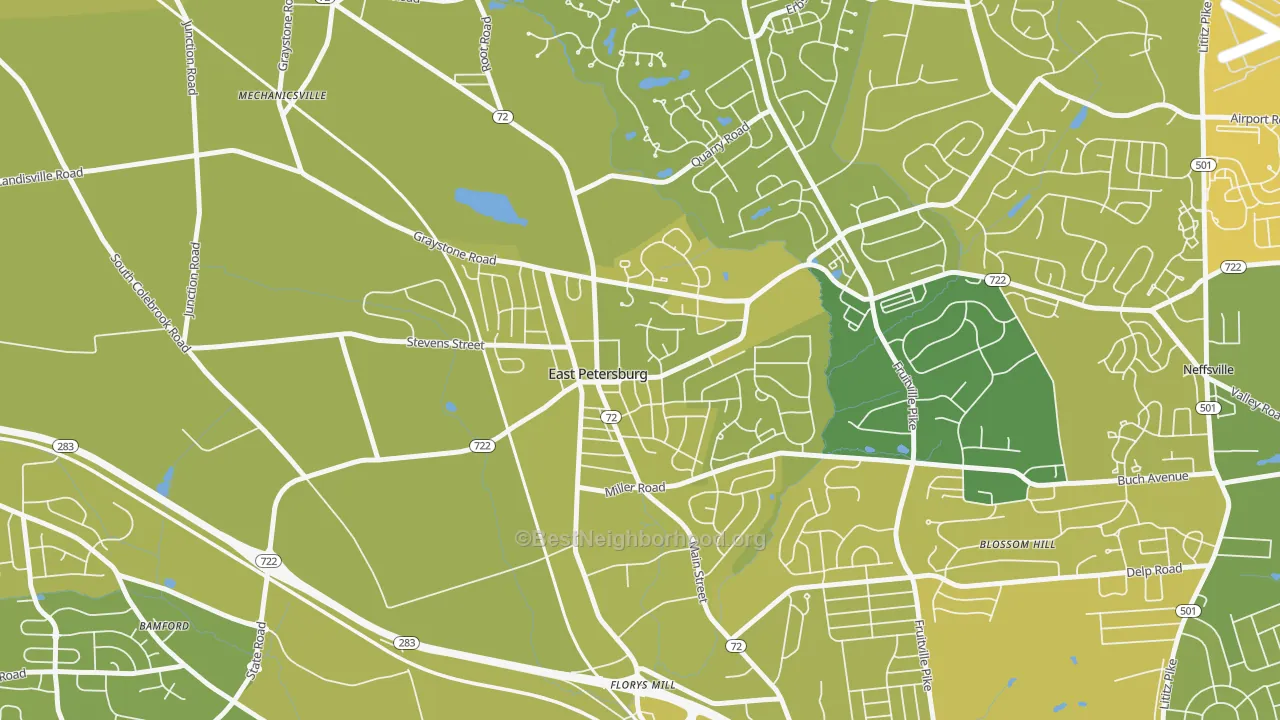 Map of the best neighborhoods in the 17520 area, with better matches in green and worse matches in red