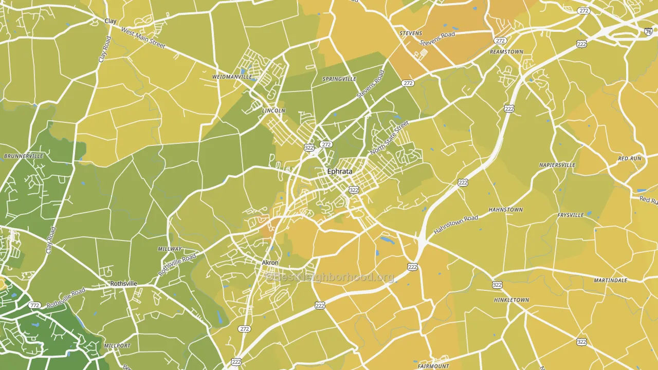 Map of the best neighborhoods in the 17522 area, with better matches in green and worse matches in red