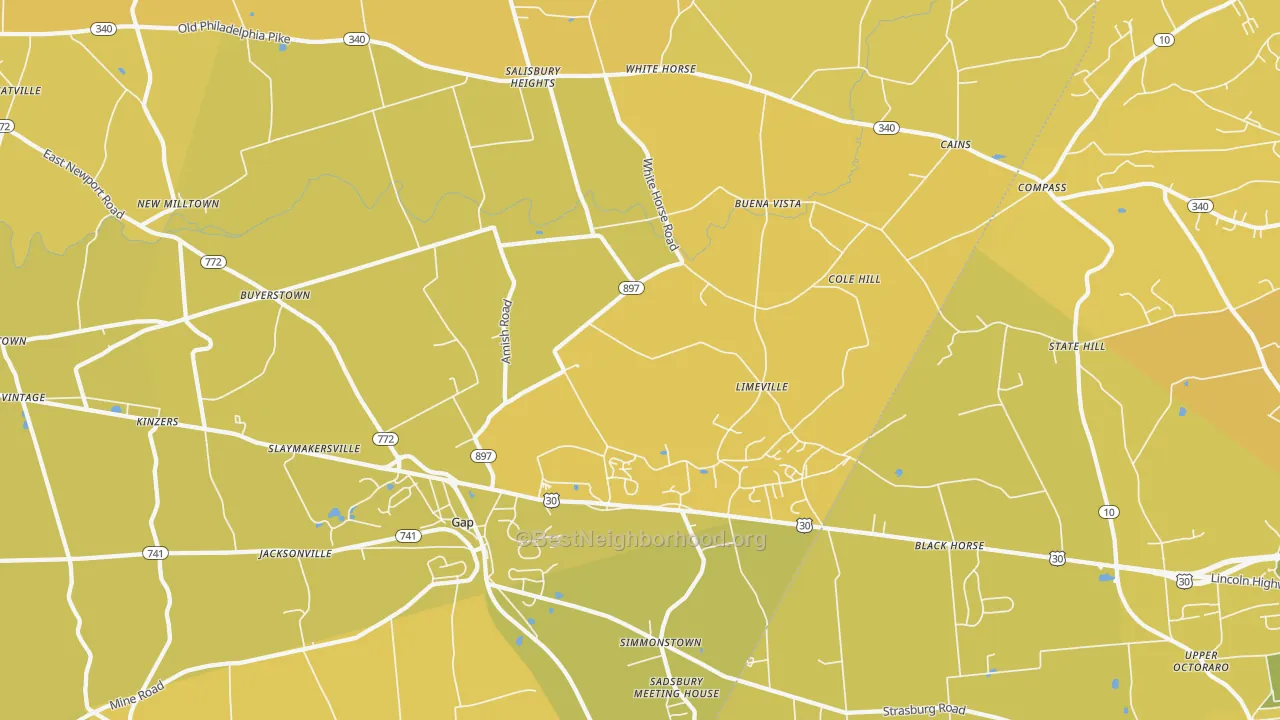Map of the best neighborhoods in the 17527 area, with better matches in green and worse matches in red