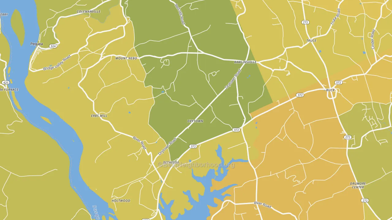 Map of the best neighborhoods in the 17532 area, with better matches in green and worse matches in red