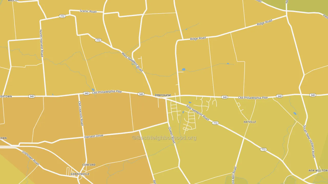 Map of the best neighborhoods in the 17534 area, with better matches in green and worse matches in red