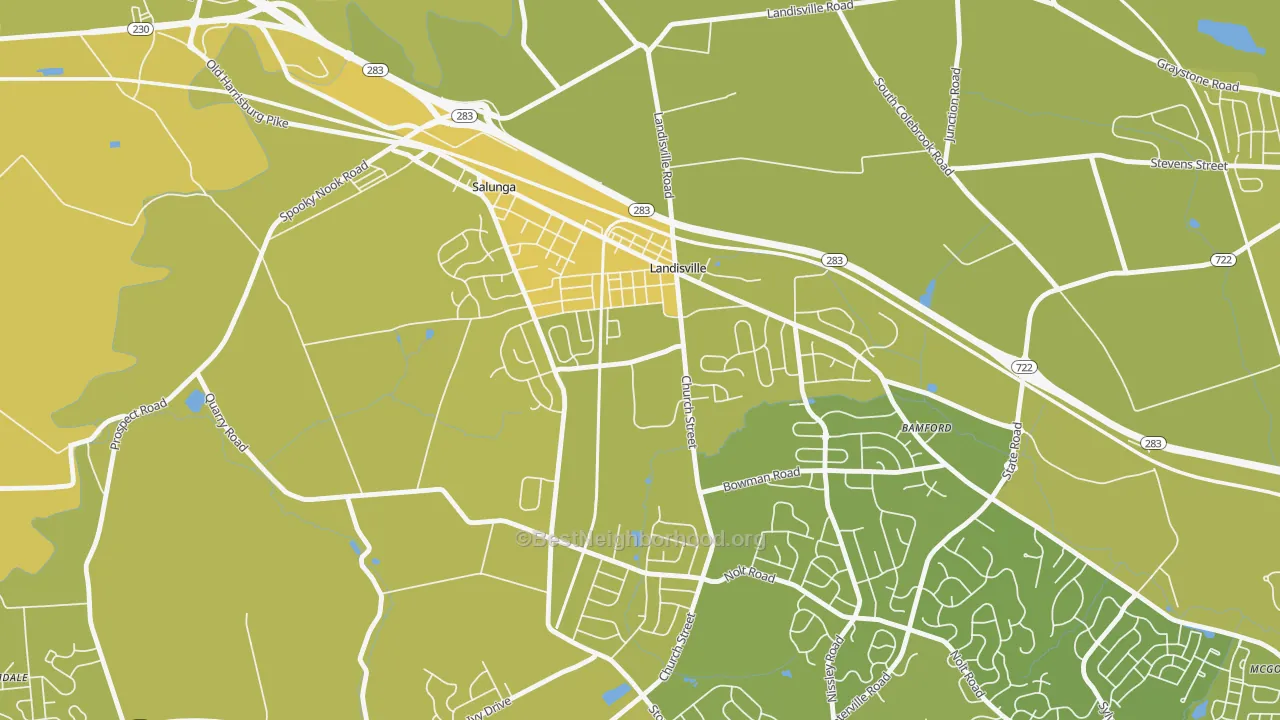 Map of the best neighborhoods in the 17538 area, with better matches in green and worse matches in red