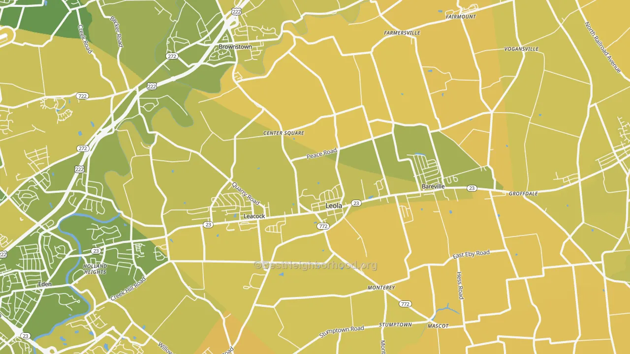 Map of the best neighborhoods in the 17540 area, with better matches in green and worse matches in red