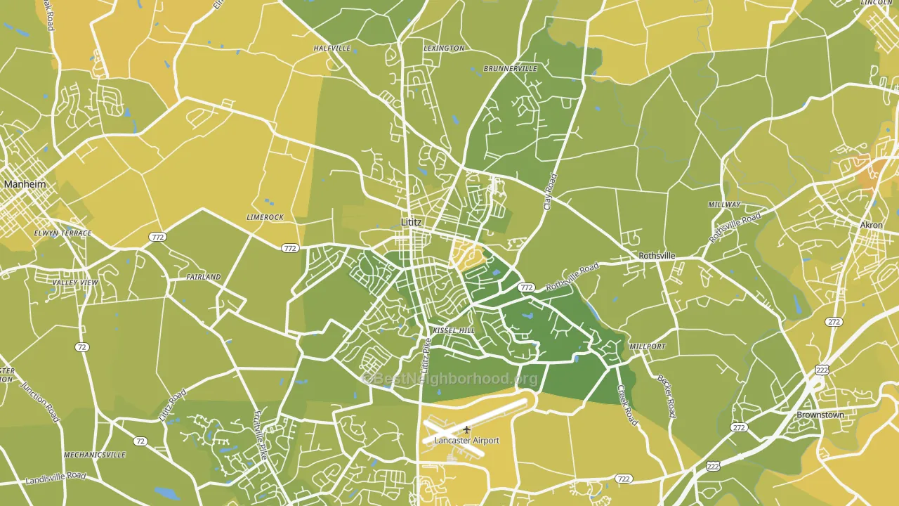 Map of the best neighborhoods in the 17543 area, with better matches in green and worse matches in red