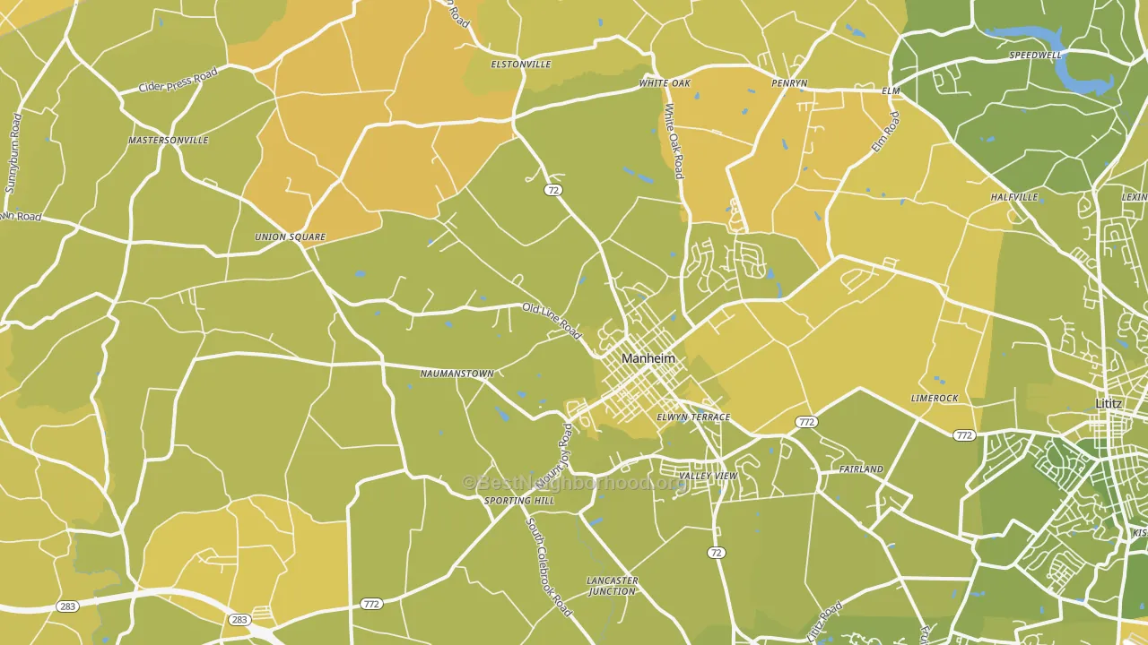 Map of the best neighborhoods in the 17545 area, with better matches in green and worse matches in red