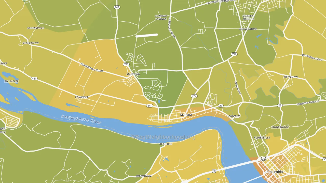 Map of the best neighborhoods in the 17547 area, with better matches in green and worse matches in red