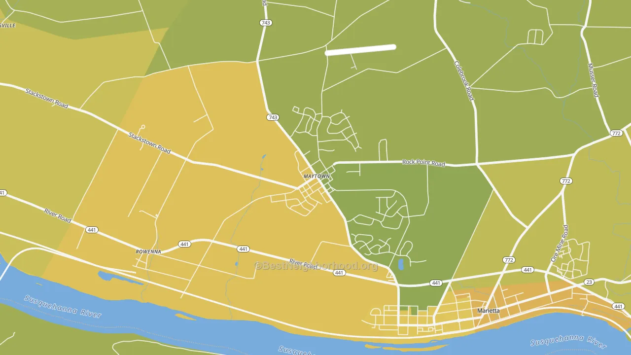 Map of the best neighborhoods in the 17550 area, with better matches in green and worse matches in red