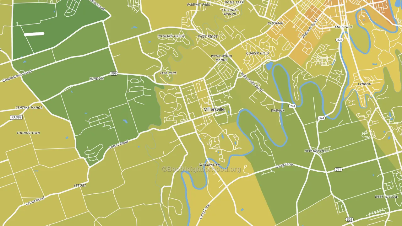 Map of the best neighborhoods in the 17551 area, with better matches in green and worse matches in red