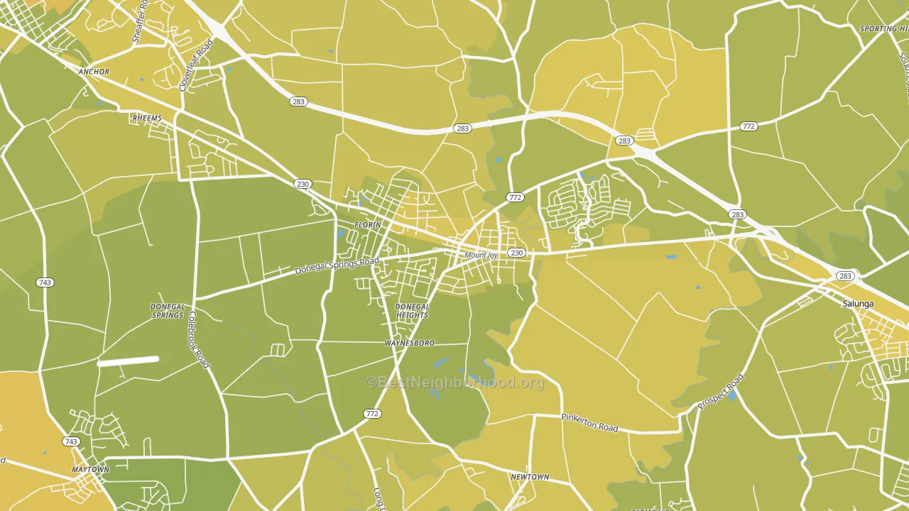 Map of the best neighborhoods in the 17552 area, with better matches in green and worse matches in red