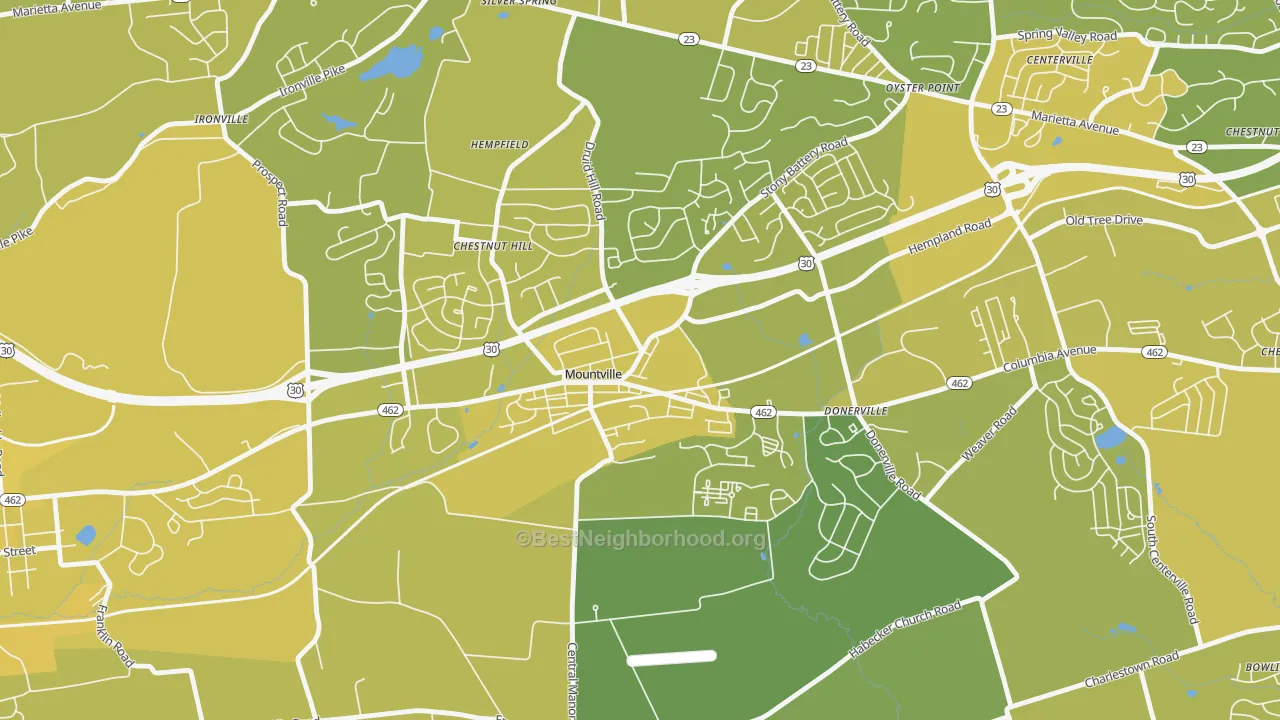 Map of the best neighborhoods in the 17554 area, with better matches in green and worse matches in red