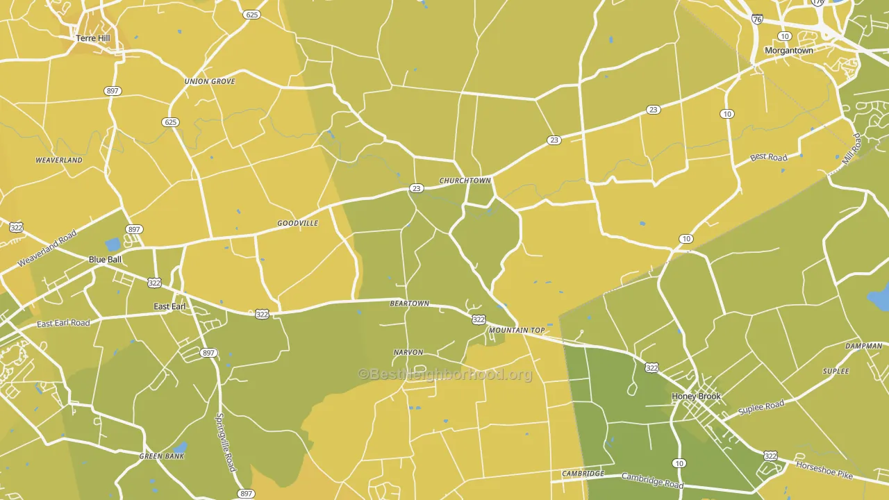 Map of the best neighborhoods in the 17555 area, with better matches in green and worse matches in red