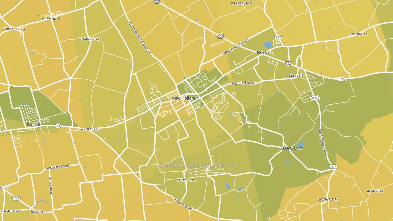 Map of the best neighborhoods in the 17557 area, with better matches in green and worse matches in red