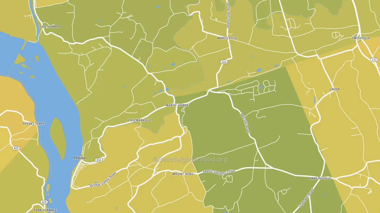 Map of the best neighborhoods in the 17565 area, with better matches in green and worse matches in red