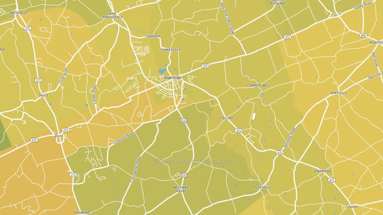Map of the best neighborhoods in the 17566 area, with better matches in green and worse matches in red