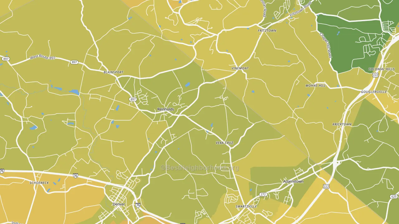 Map of the best neighborhoods in the 17569 area, with better matches in green and worse matches in red