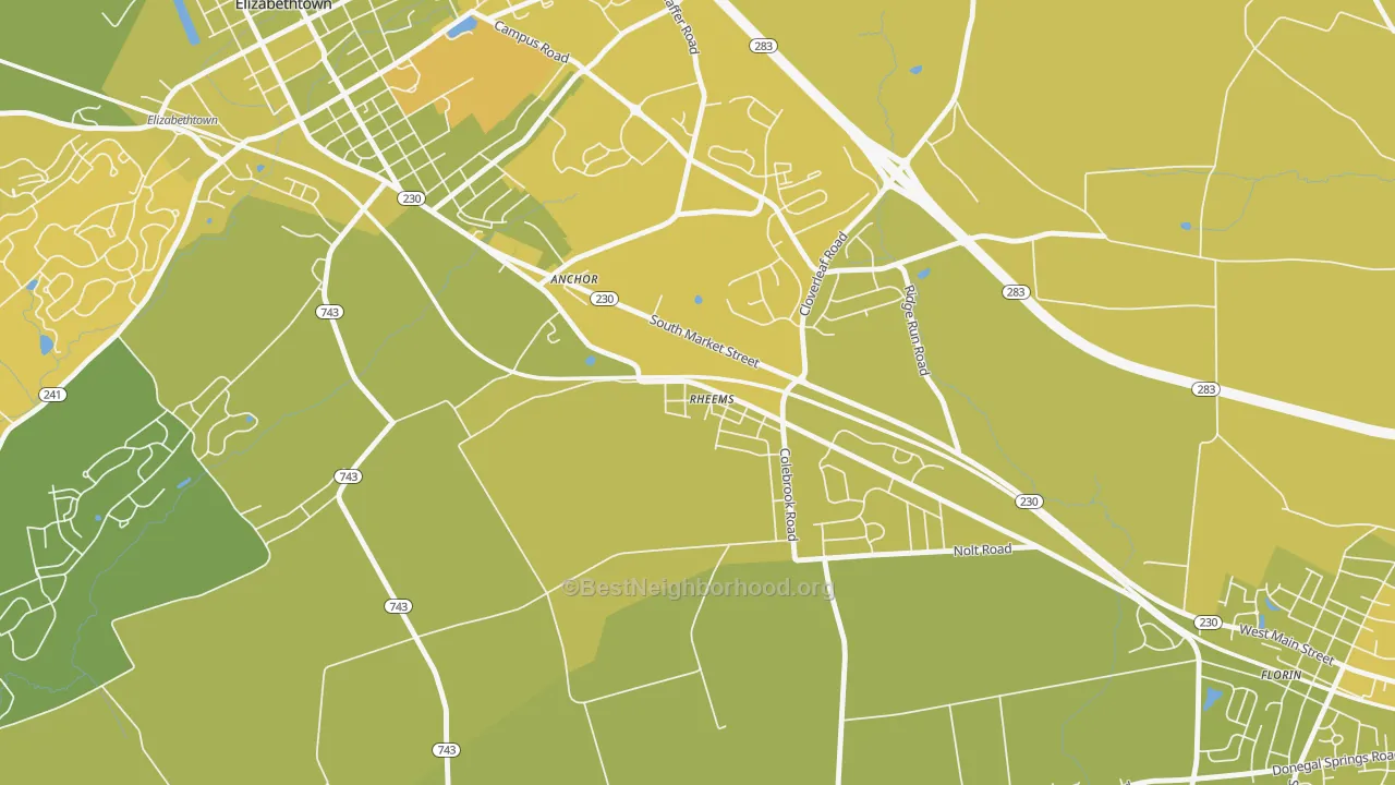 Map of the best neighborhoods in the 17570 area, with better matches in green and worse matches in red