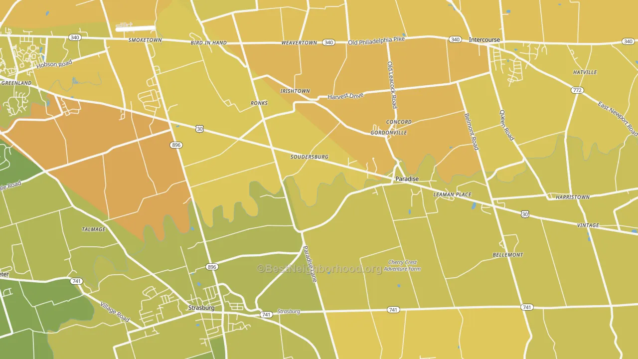 Map of the best neighborhoods in the 17572 area, with better matches in green and worse matches in red
