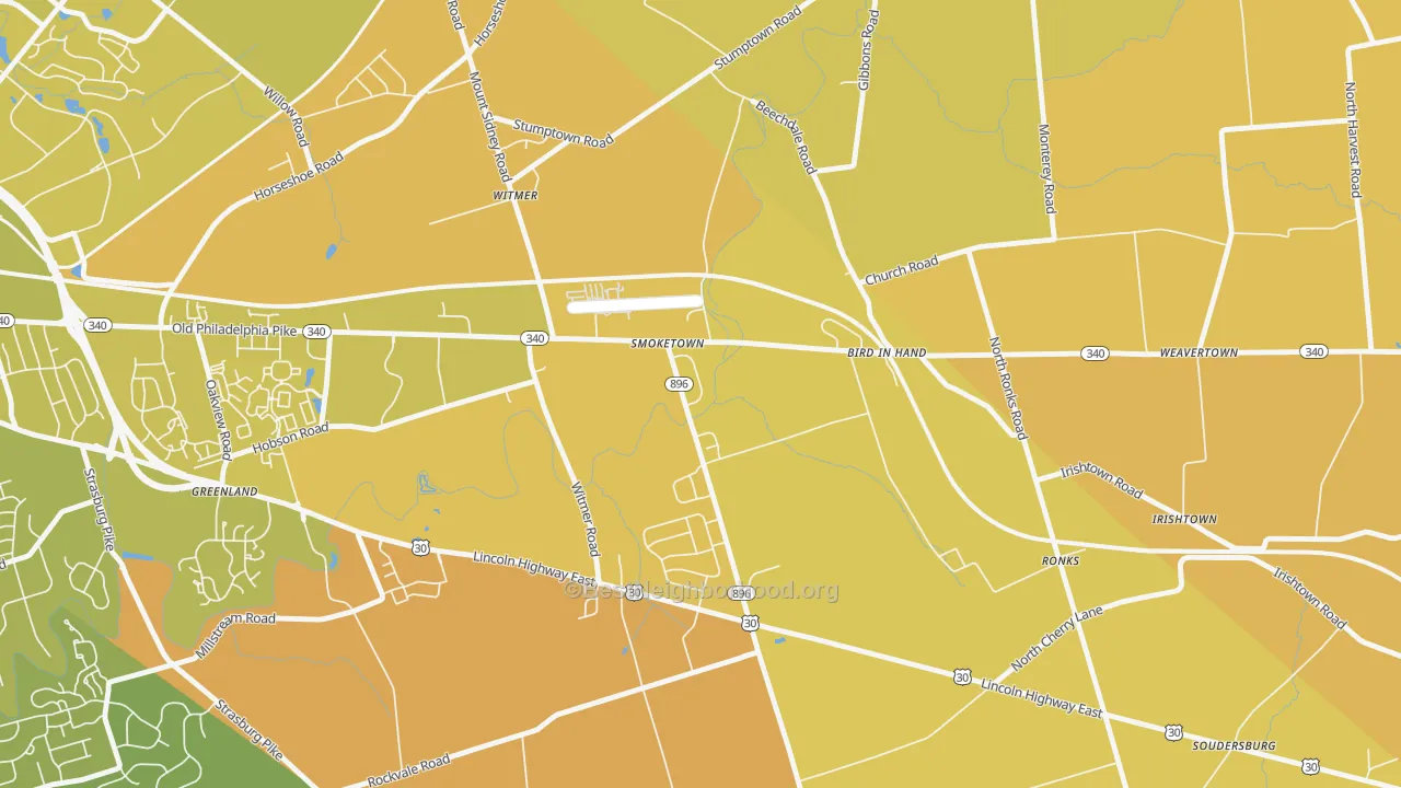 Map of the best neighborhoods in the 17576 area, with better matches in green and worse matches in red