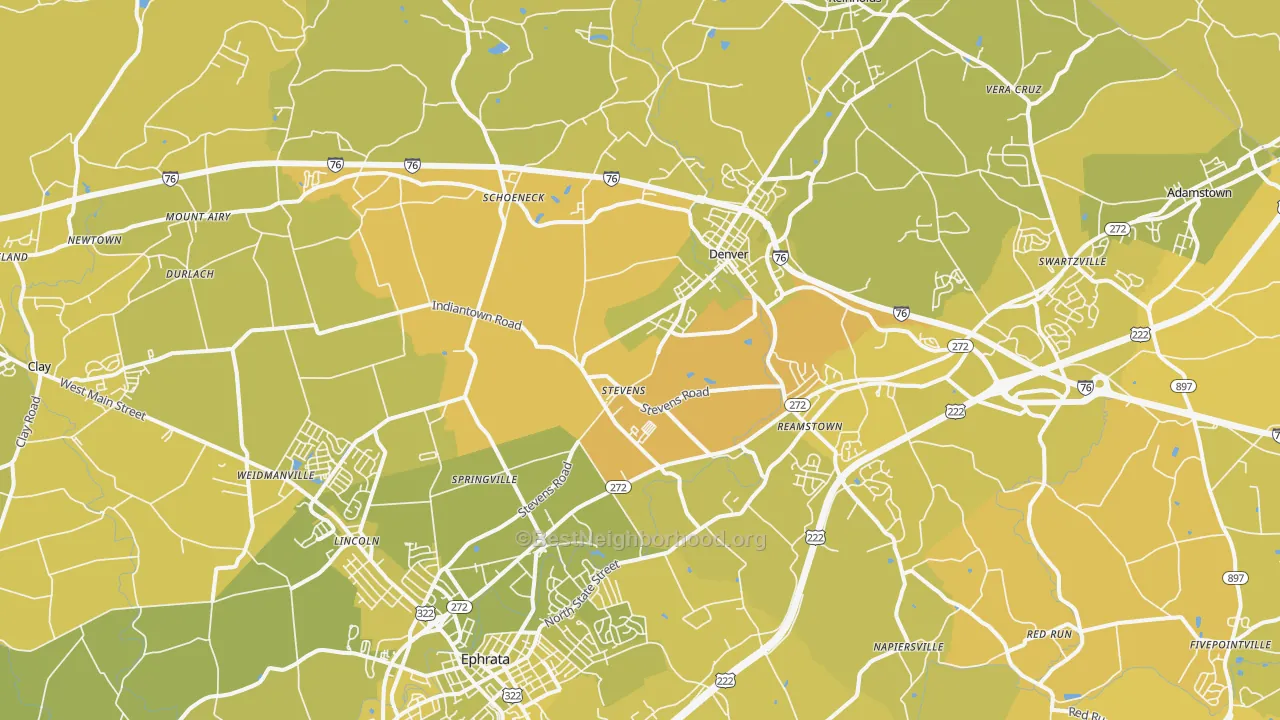 Map of the best neighborhoods in the 17578 area, with better matches in green and worse matches in red