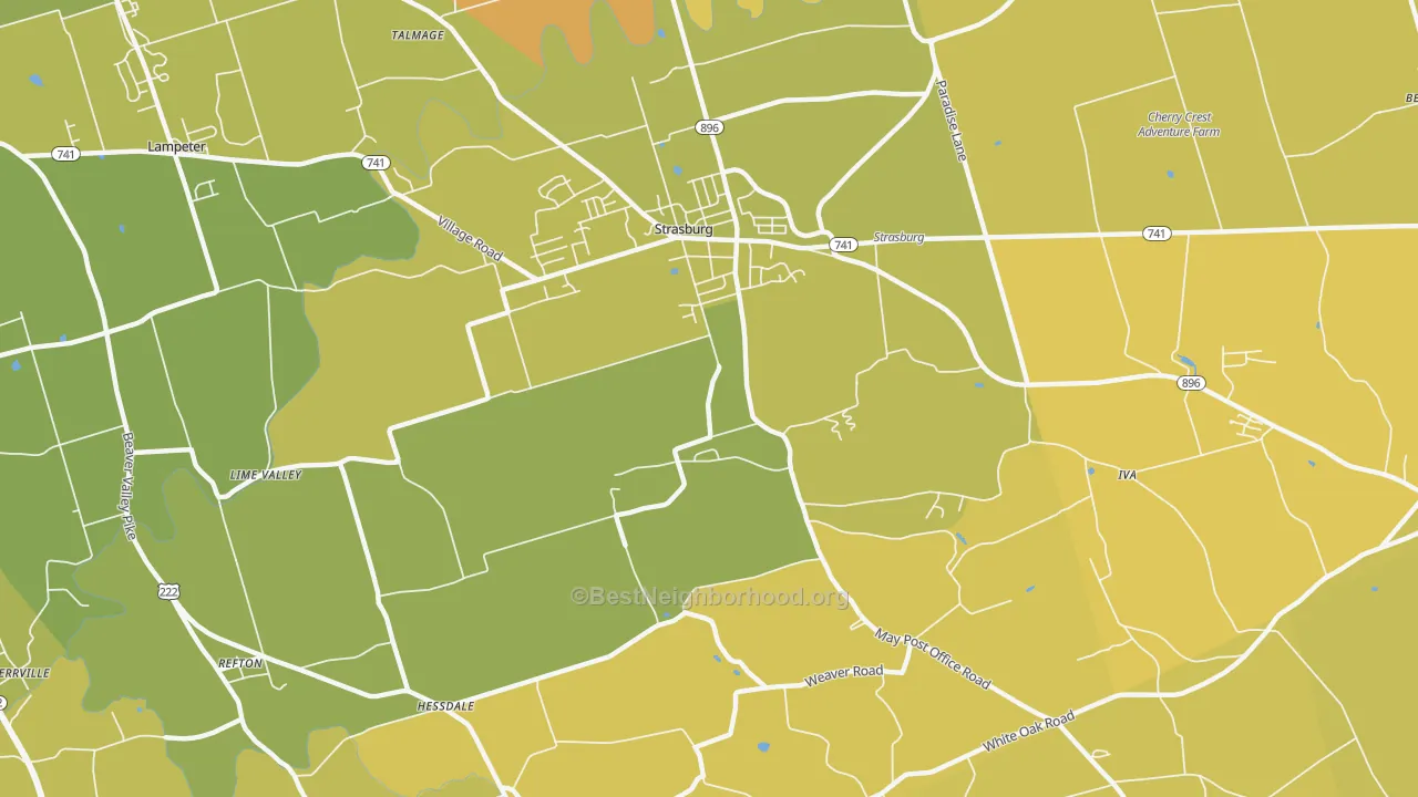 Map of the best neighborhoods in the 17579 area, with better matches in green and worse matches in red