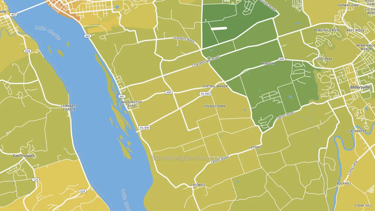 Map of the best neighborhoods in the 17582 area, with better matches in green and worse matches in red