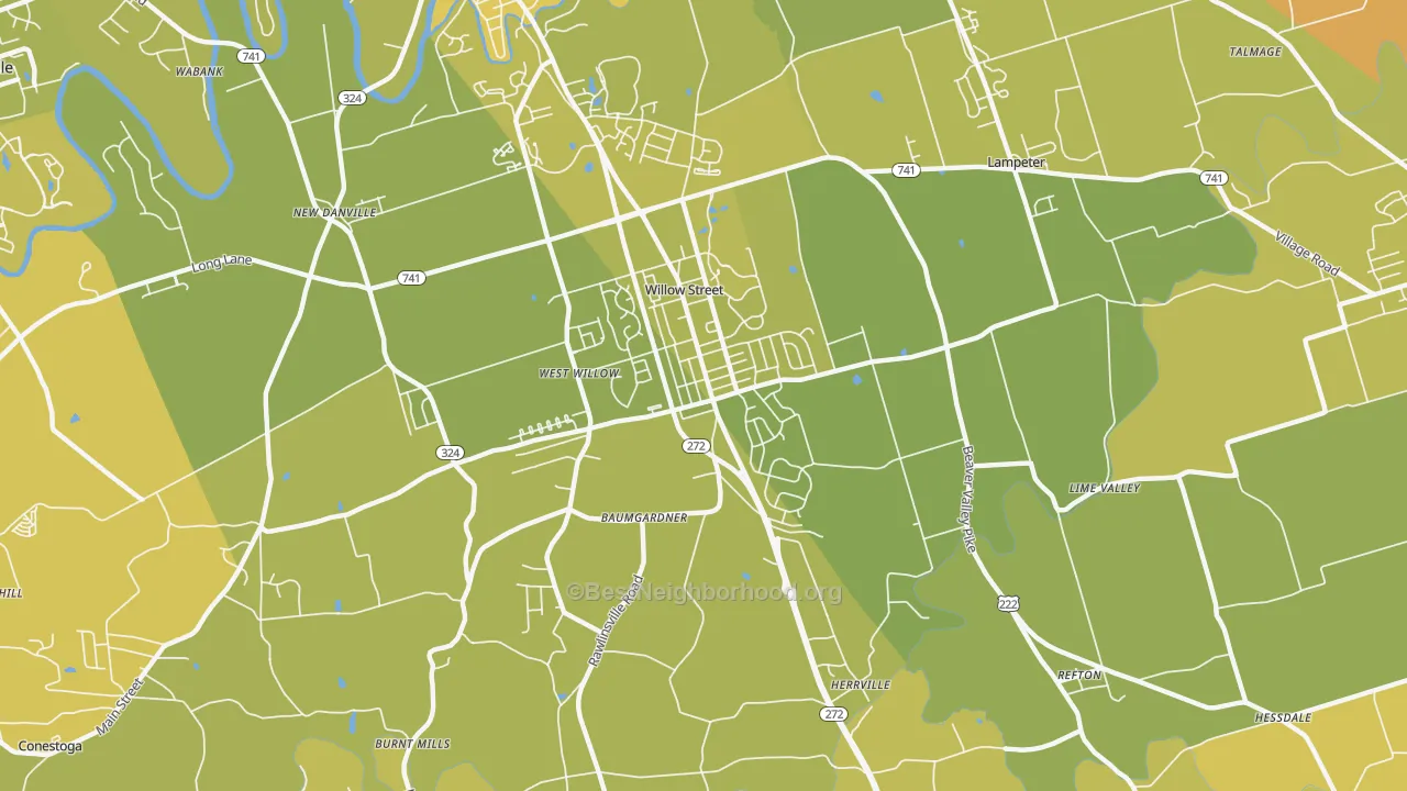 Map of the best neighborhoods in the 17584 area, with better matches in green and worse matches in red