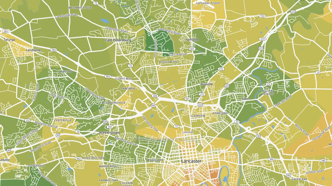 Map of the best neighborhoods in the 17601 area, with better matches in green and worse matches in red