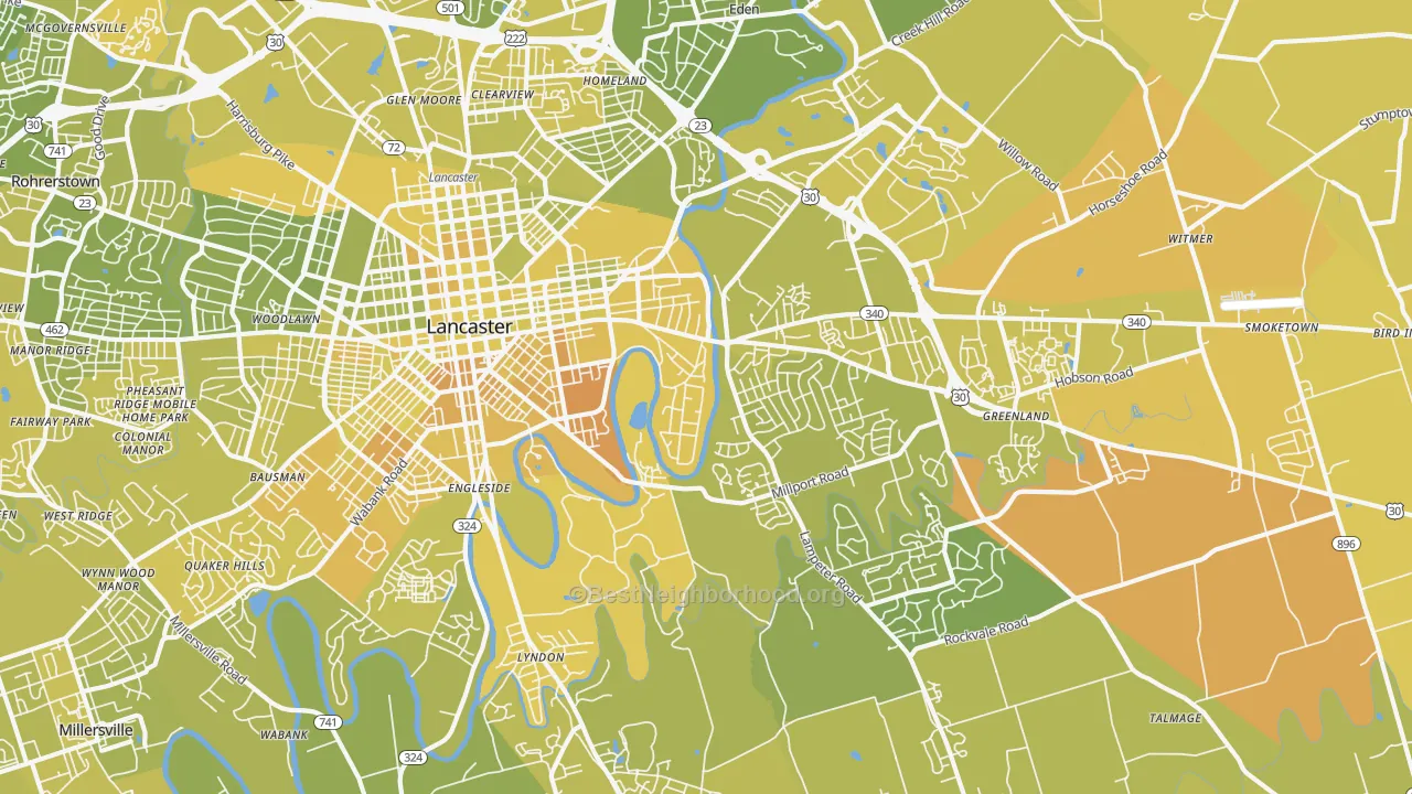 Map of the best neighborhoods in the 17602 area, with better matches in green and worse matches in red