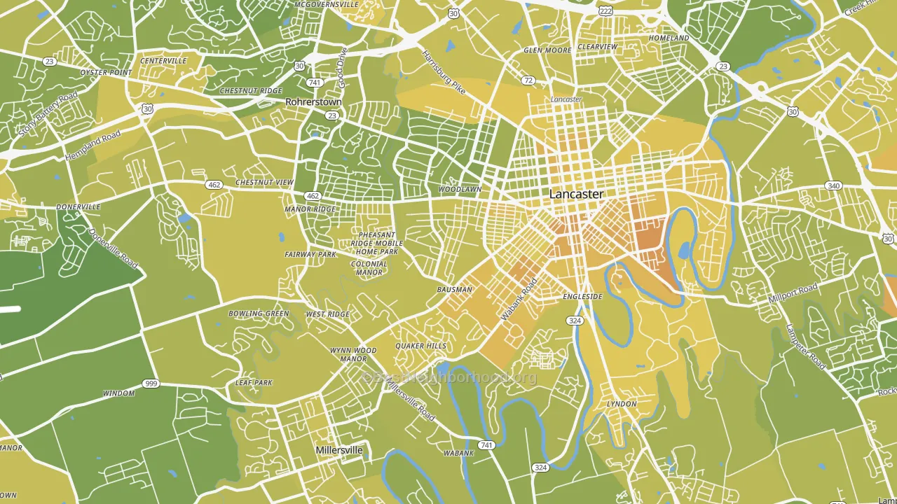 Map of the best neighborhoods in the 17603 area, with better matches in green and worse matches in red