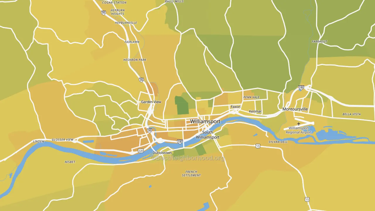 Map of the best neighborhoods in the 17701 area, with better matches in green and worse matches in red