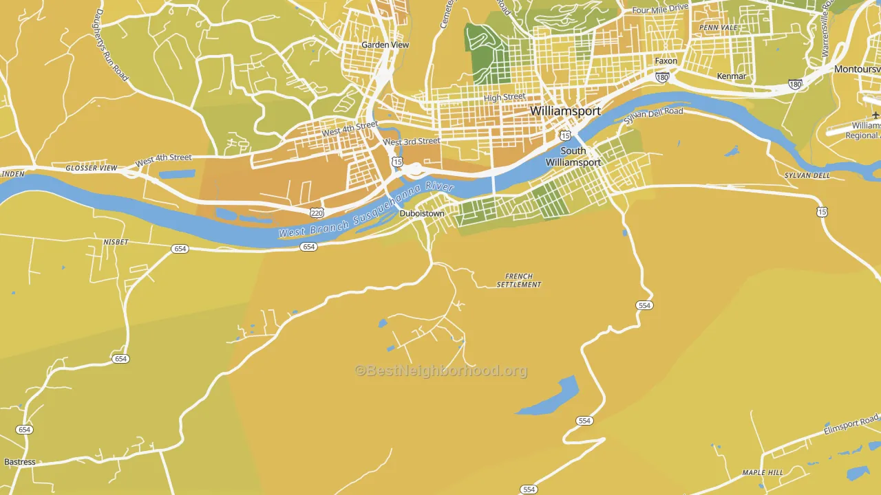 Map of the best neighborhoods in the 17702 area, with better matches in green and worse matches in red
