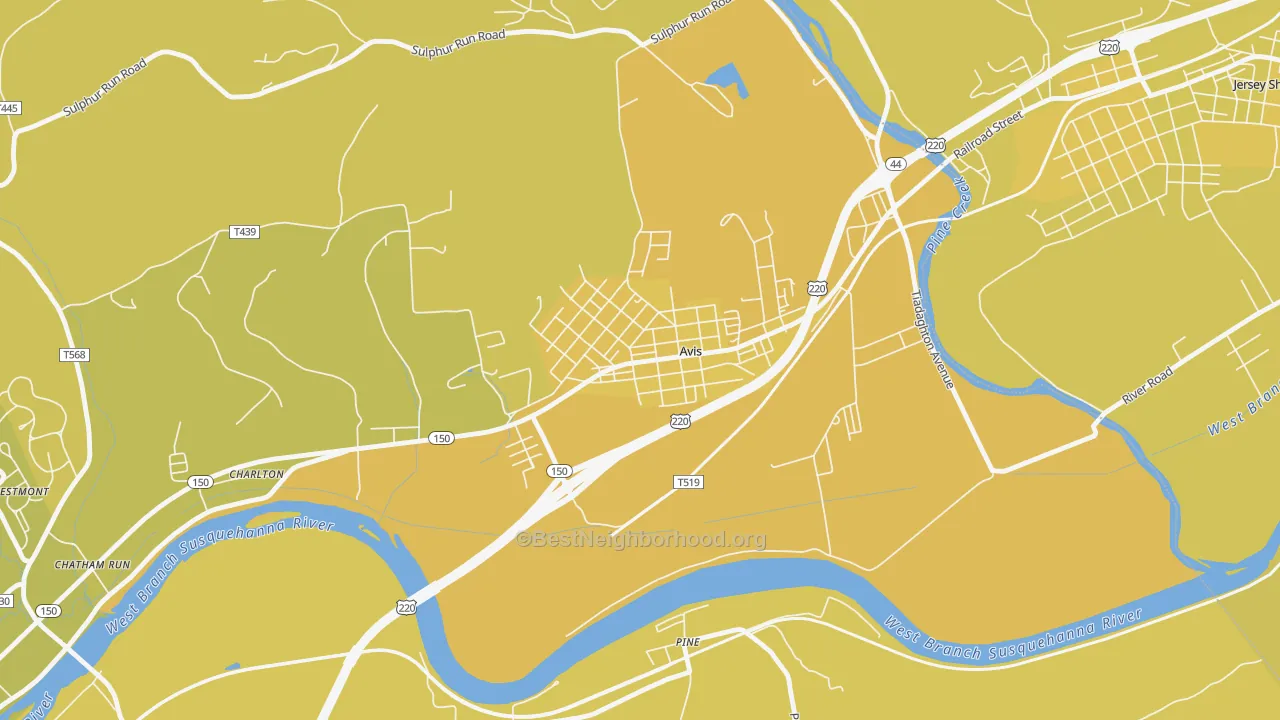 Map of the best neighborhoods in the 17721 area, with better matches in green and worse matches in red