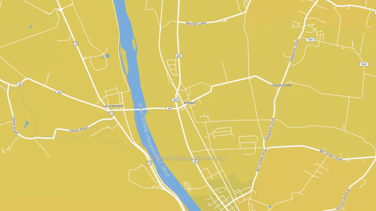 Map of the best neighborhoods in the 17730 area, with better matches in green and worse matches in red