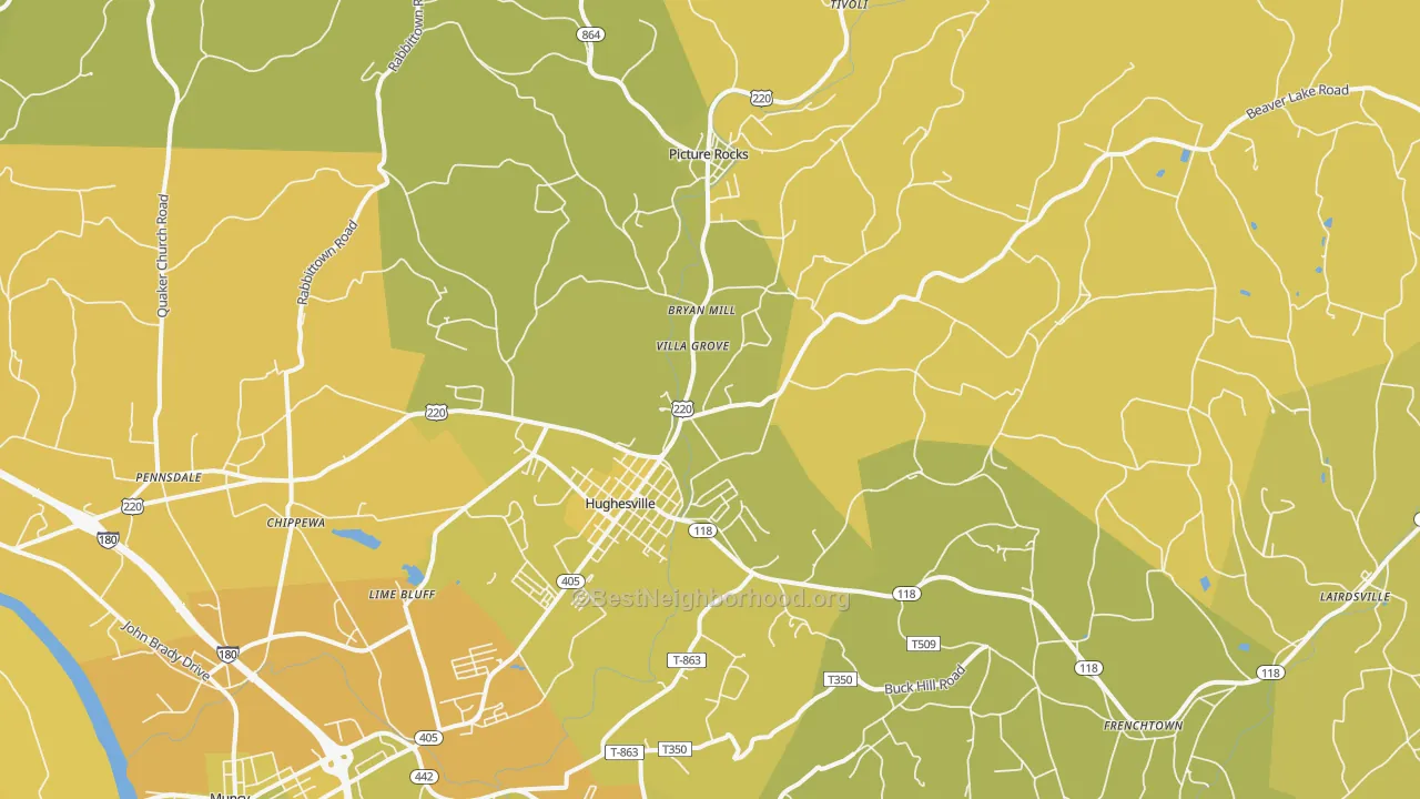 Map of the best neighborhoods in the 17737 area, with better matches in green and worse matches in red