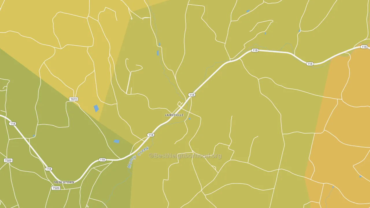 Map of the best neighborhoods in the 17742 area, with better matches in green and worse matches in red