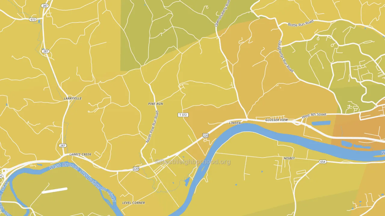 Map of the best neighborhoods in the 17744 area, with better matches in green and worse matches in red