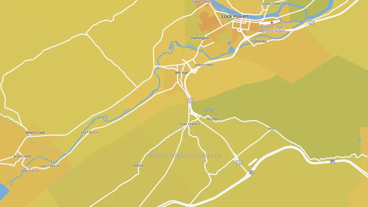 Map of the best neighborhoods in the 17751 area, with better matches in green and worse matches in red