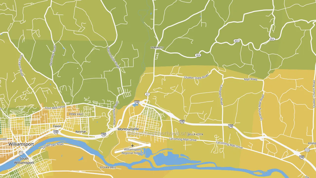 Map of the best neighborhoods in the 17754 area, with better matches in green and worse matches in red