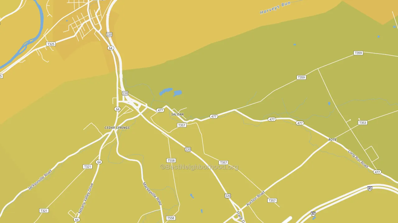 Map of the best neighborhoods in the 17767 area, with better matches in green and worse matches in red