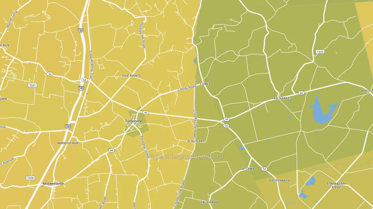 Map of the best neighborhoods in the 17772 area, with better matches in green and worse matches in red