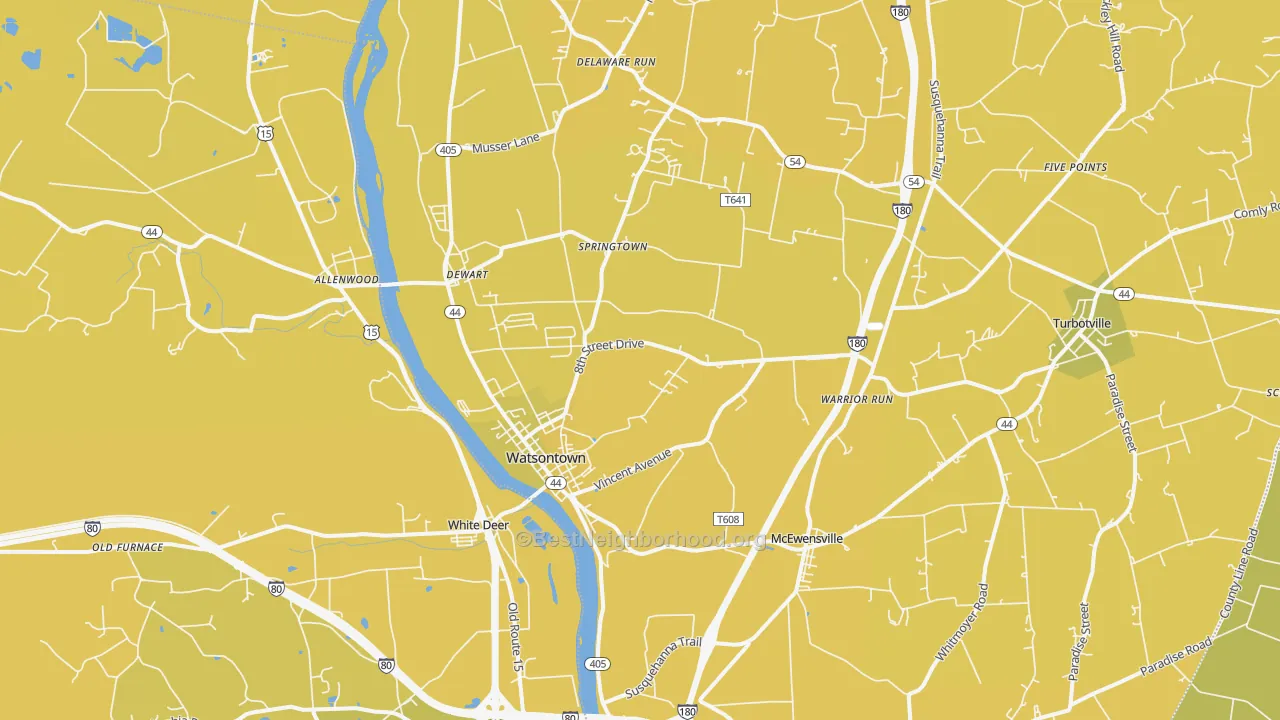 Map of the best neighborhoods in the 17777 area, with better matches in green and worse matches in red