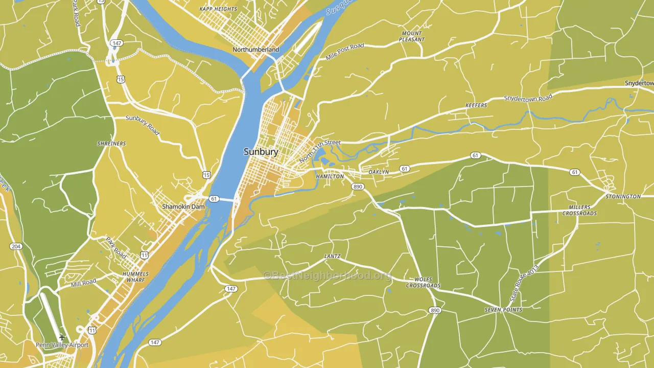 Map of the best neighborhoods in the 17801 area, with better matches in green and worse matches in red