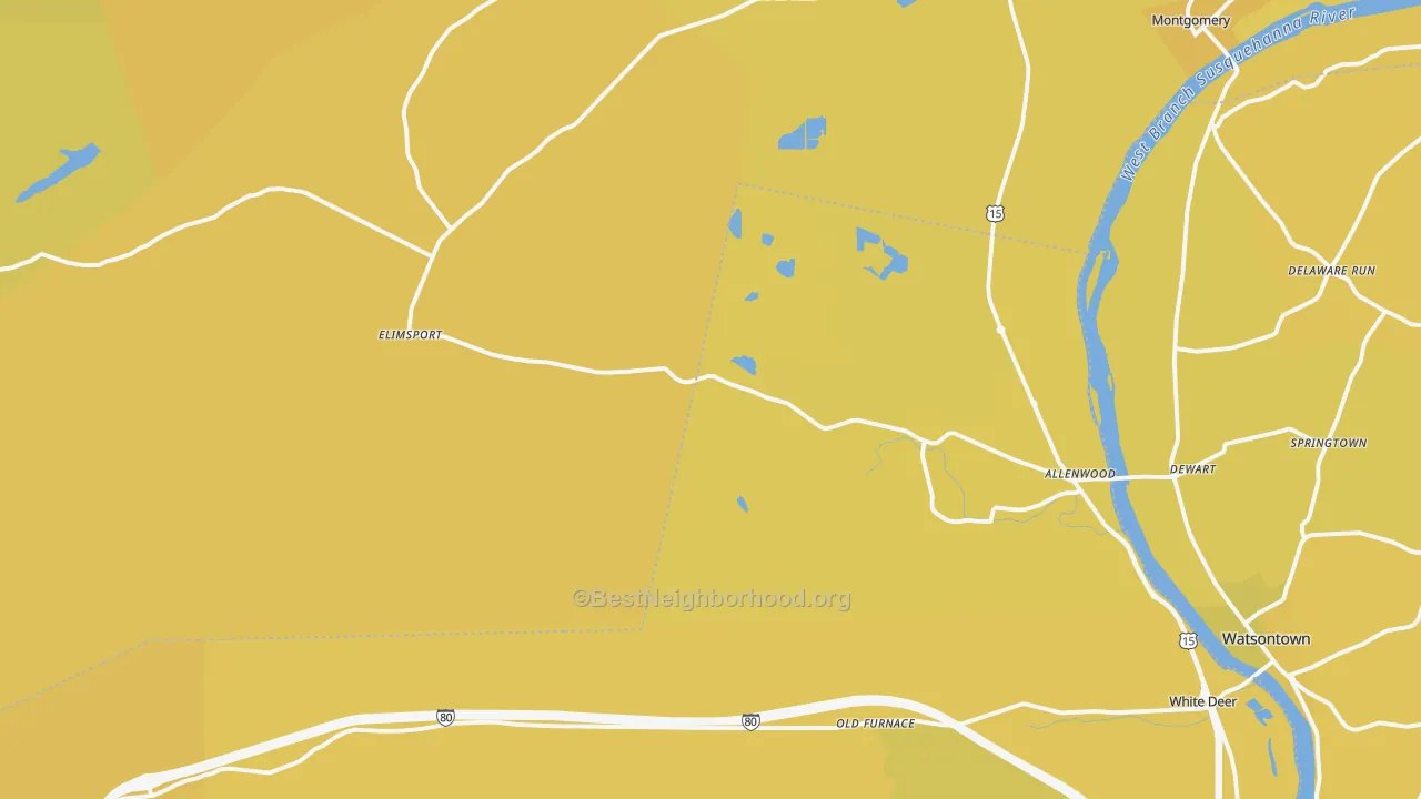 Map of the best neighborhoods in the 17810 area, with better matches in green and worse matches in red