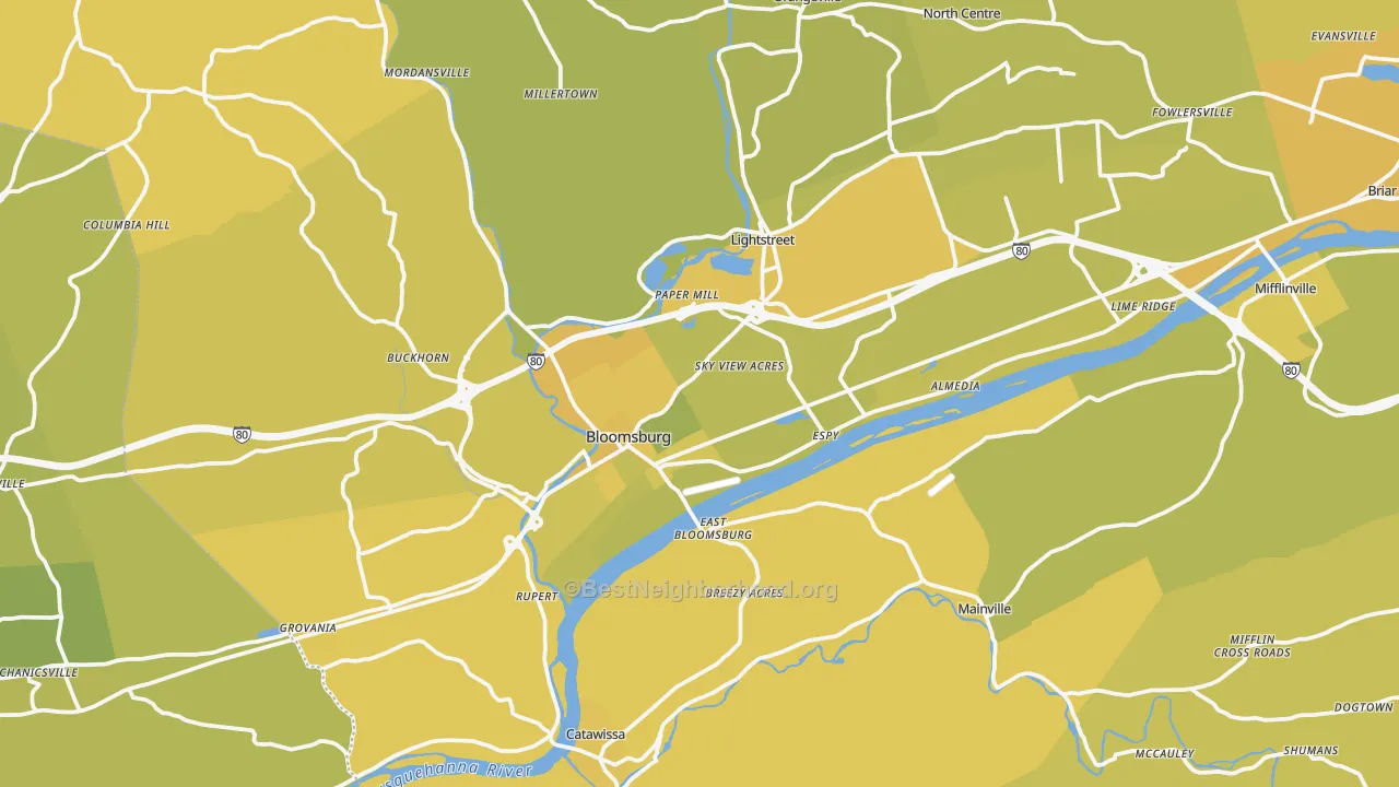 Map of the best neighborhoods in the 17815 area, with better matches in green and worse matches in red