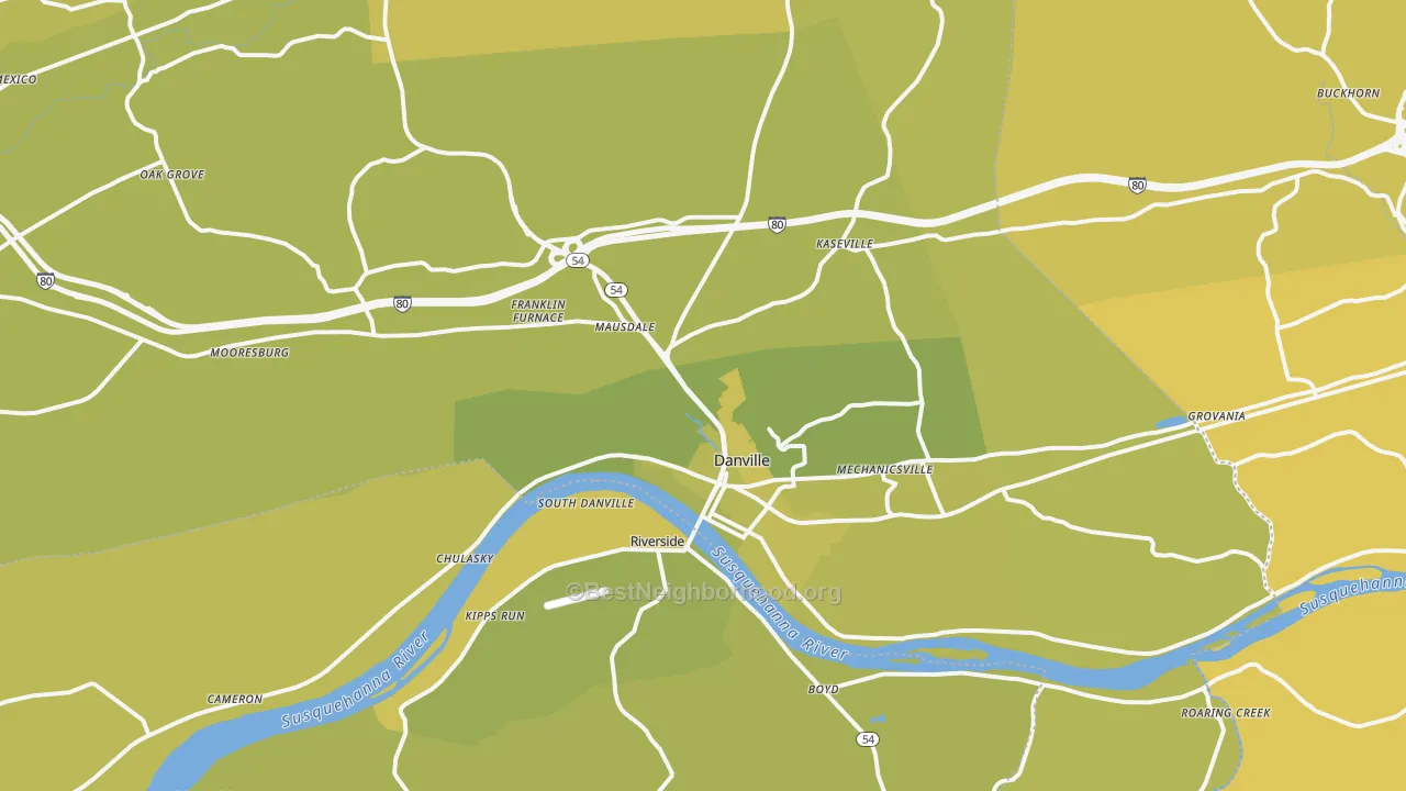 Map of the best neighborhoods in the 17821 area, with better matches in green and worse matches in red