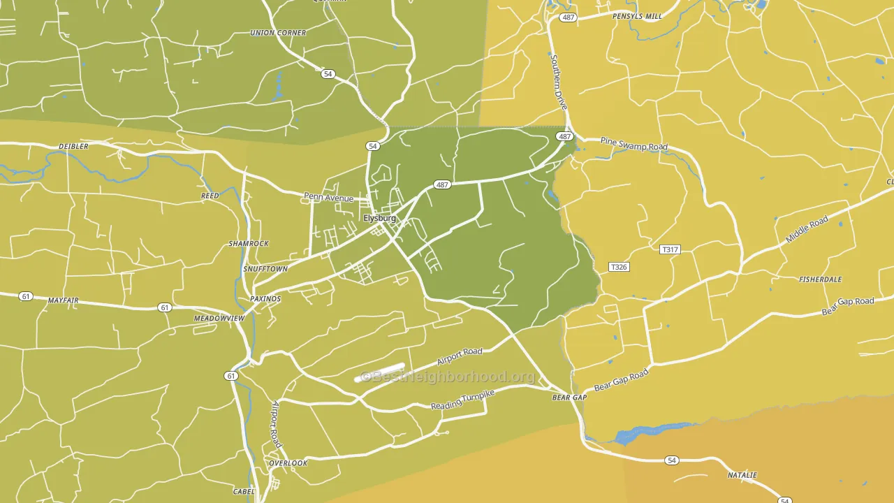 Map of the best neighborhoods in the 17824 area, with better matches in green and worse matches in red