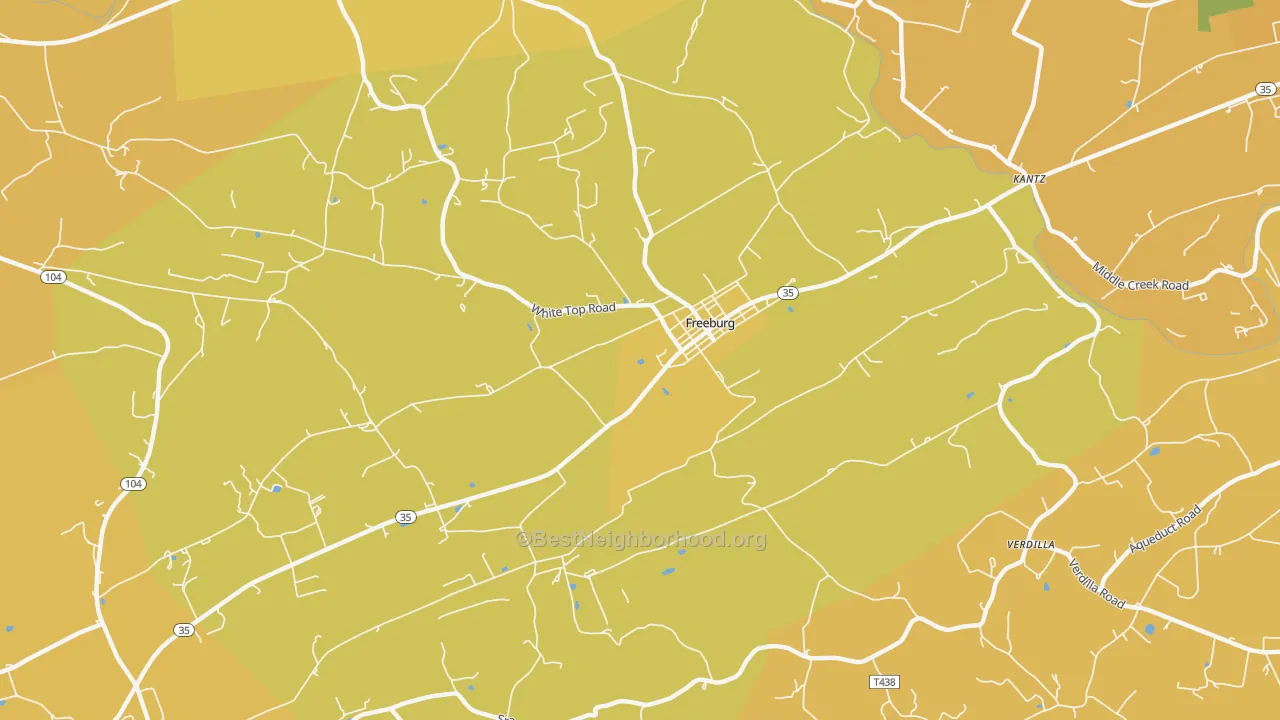 Map of the best neighborhoods in the 17827 area, with better matches in green and worse matches in red